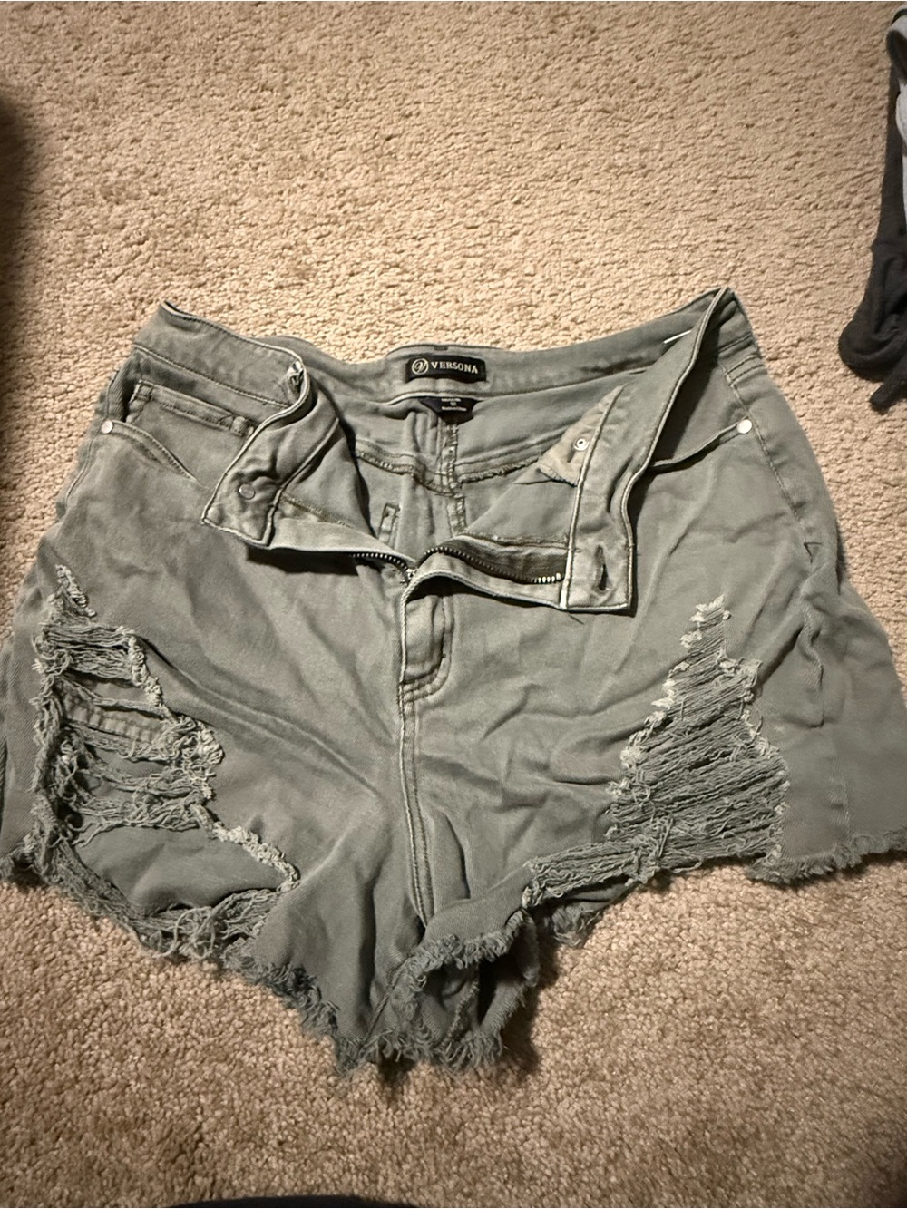 Versona Olive Green Distressed High-Rise Jean Shorts